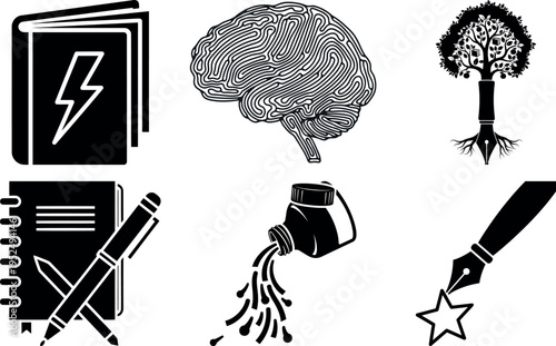 Creative icons set featuring brain pen ink notebook and inspiration symbols