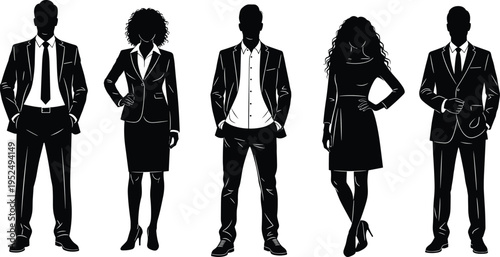 Business people silhouettes set, confident corporate professionals, men and women in formal suits, leadership and workplace concept, isolated vector illustration
