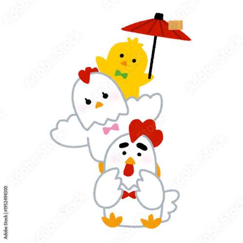 Cheerful chicken family with a chick spinning an umbrella, perfect for festive and playful designs