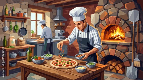 An illustration of a professional pizzaiolo chef adding fresh toppings to a pizza in a warm, rustic kitchen with a traditional stone fire oven.