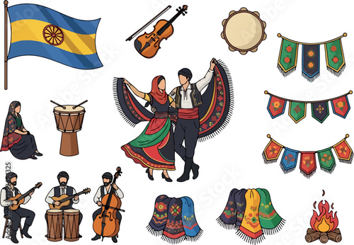 Traditional Folk Costumes and Musical Instruments of Cultural Celebration