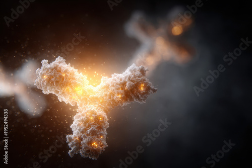 Dramatic glowing antibody molecule illuminating microscopic abstract environment representing human immune system defending health with intense powerful energy