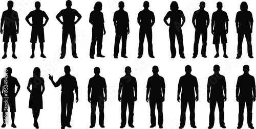 Collection of diverse people silhouettes, standing men and women set, human body shapes, isolated black figures, crowd characters, minimal vector style