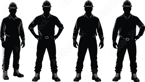Construction worker silhouettes set, industrial laborer wearing safety helmet, builder standing poses, engineering and building industry concept isolated vector