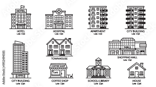 City buildings and houses in simple line art style with black and white coloring for architectural design and urban planning