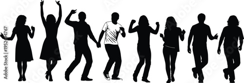 Dancing people silhouettes group, men and women party dance poses, energetic movement figures, celebration crowd characters isolated vector