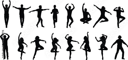 Dancing people silhouettes collection, men and women dance poses set, energetic jumping figures, party movement characters isolated vector