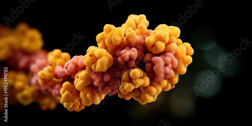 Fascinating complex microscopic protein molecule structure displaying vibrant orange and red colors representing abstract biology and medical science research against dark background