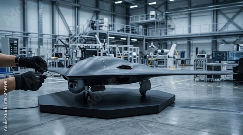 Engineer Working on Advanced Unmanned Aerial Vehicle in High-Tech Manufacturing Facility, Developing Next-Generation Military Drone Technology for Surveillance and Defense