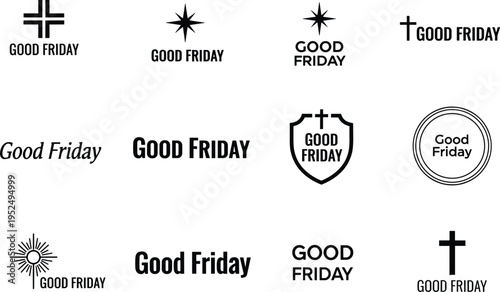 Set of Good Friday typographic logo emblems with Christian cross symbols and stars for church branding, religious social media, Easter events, and spiritual design.