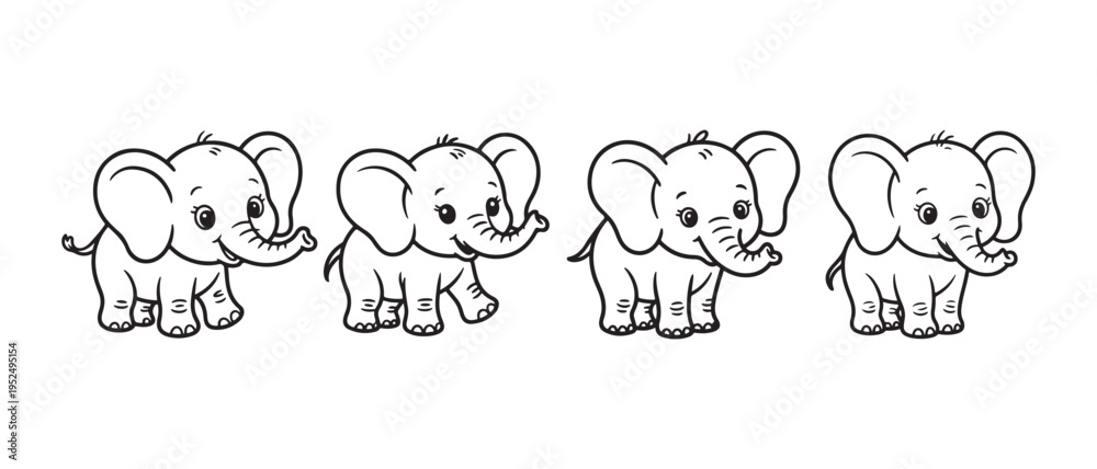 Fototapeta premium Cute Cartoon Baby Elephants Walking with Happy Expressions on White Isolated Background, Simple Black and White Illustration.