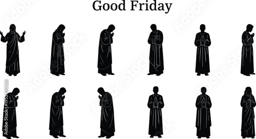 Set of religious black silhouettes featuring people in prayer and worship poses for Good Friday, Christian church events, Easter, and spiritual gospel projects.