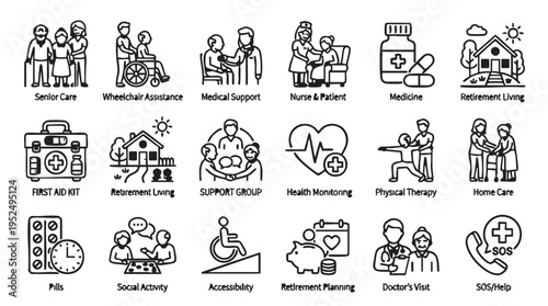 Elderly care line icons set in simple style with black and white color in flat format for healthcare and medical use