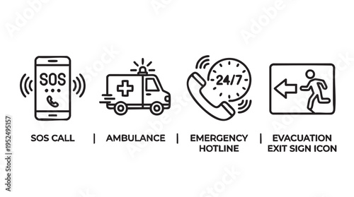 Emergency icons set in simple line style for web interface in black and white color for medical or rescue service