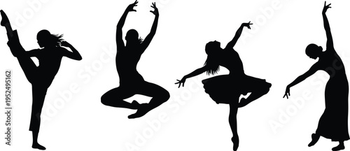 Ballet dancer silhouette set, graceful female ballet poses collection, classical dance movement elegance isolated vector illustration pack