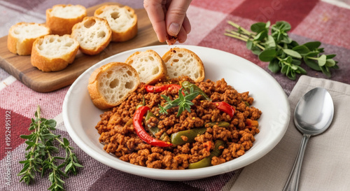 Axoa Beef Stew With Peppers On Picnic Blanket In Basque Countryside