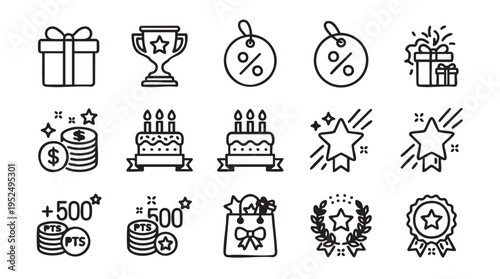 Black line icons set of rewards and achievements including gifts, trophies, stars, and medals on white background for business and marketing materials