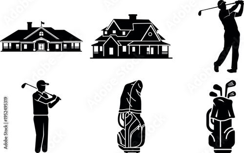 Golf themed vector illustrations with houses players and equipment isolated design