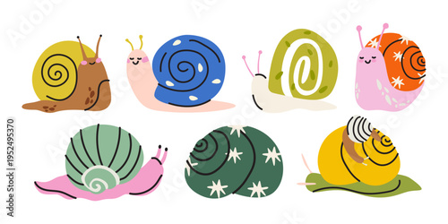 Collection of cute colorful snails with various shell patterns and colors. Set of funny snail characters in cartoon doodle style. Flat vector illustration of friendly garden mollusks