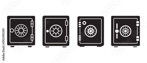 Collection of Black Safe and Vault Icons with Combination Locks, Representing Security and Financial Protection.