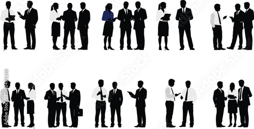 Business people silhouettes collection, professional men and women discussing, meeting and teamwork poses, corporate office teamwork illustration set