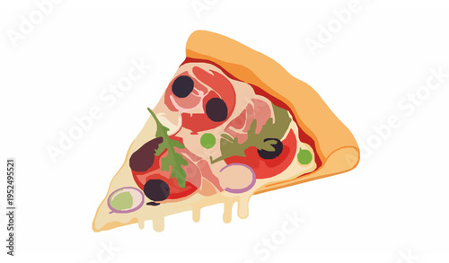 Italian pizza slice vector with cheese tomato olives prosciutto arugula and peas isolated on white