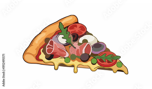 Colorful pizza slice vector illustration with cheese olives tomato prosciutto and fresh toppings isolated