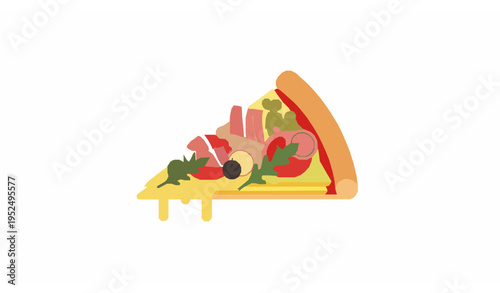 Minimal pizza slice vector with cheese tomato olives prosciutto arugula and peas isolated on white background