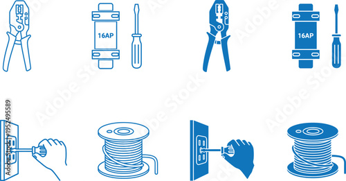 Illustrations of various electrical and plumbing tools and components