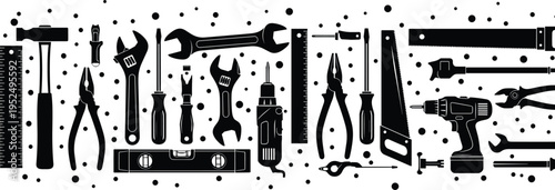 Hand tools silhouettes collection with hammer wrench drill saw pliers and screwdriver, construction repair equipment black vector illustration set