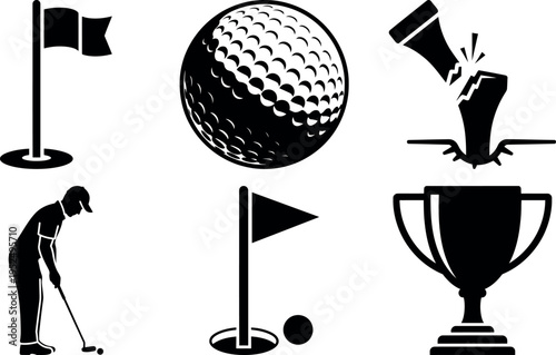 Golf themed vector icons showing putting action ball and trophy symbols