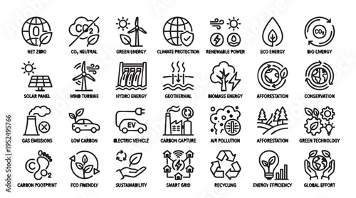 Sustainable living icons in minimalistic line style on white background for eco friendly branding