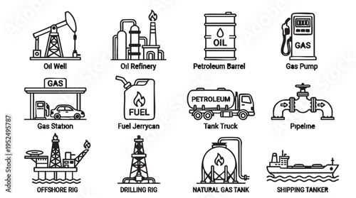 Black and white line drawing illustrations of oil and gas industry icons on white background for business and education