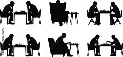 Chess players silhouettes collection, men sitting and playing chess at table in thinking poses isolated illustration set for strategy concept