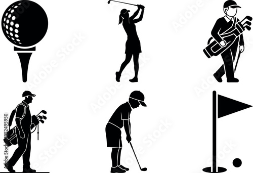 Collection of golf themed silhouettes with players and equipment isolated illustration