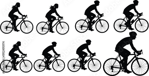 Cyclist silhouettes collection with male and female road cyclists riding bicycles, cycling sport activity, bike racing athletes, fitness and outdoor lifestyle illustration