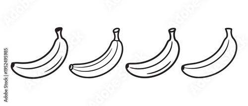 Bananas Line Art Illustration on White Background, Simple Black Outline Drawing of Healthy Tropical Fruit.