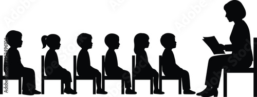 Teacher reading book to children silhouette, classroom education concept, school learning scene, storytelling activity, minimal black design isolated on white background