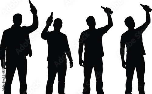 Men drinking beer silhouettes set, people raising bottle in celebration gesture, party and nightlife concept isolated on white background illustration