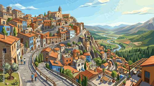 A vibrant illustration of a historic Italian village built on a sunny hillside with colorful houses and winding roads overlooking a lush green valley and mountains.