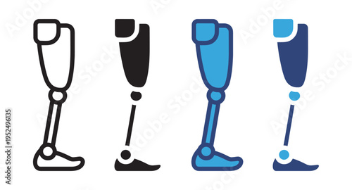 Prosthetic Leg Icon Set Vector Collection with Artificial Limb, Mobility Device and Medical Equipment Symbols in Outline and Solid Styles