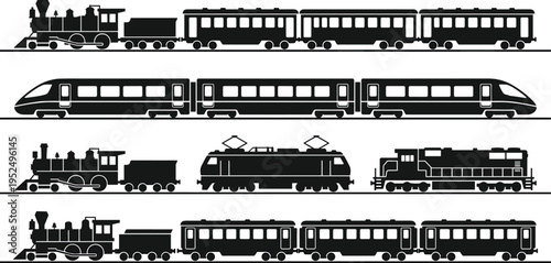 Train silhouette icon set with steam locomotive, high speed and electric trains, railway transport collection, minimal black design, vintage and modern rail illustration