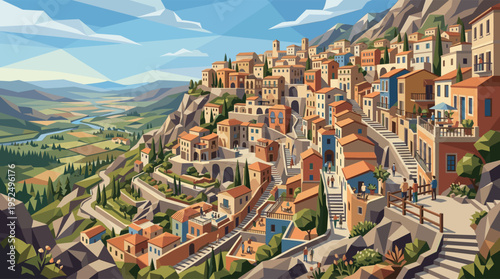 A charming Mediterranean town with colorful houses and steep stairs clings to a rocky hillside under a bright blue sky.