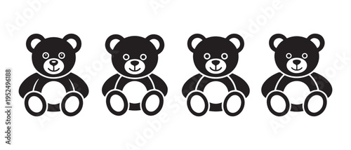 Four Identical Minimalist Black Teddy Bear Icons Sitting in a Row on a Clean White Background.