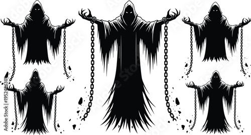 Dark hooded ghost silhouette with chains, horror reaper character, spooky Halloween phantom figure, scary occult spirit illustration, gothic horror design element