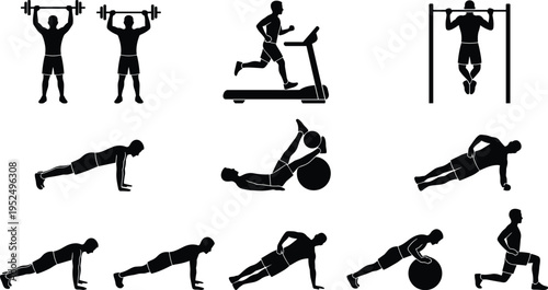 Fitness workout silhouette icon set with strength training, cardio exercises, bodyweight routines, gym activity collection, minimal black design for sport and health concept