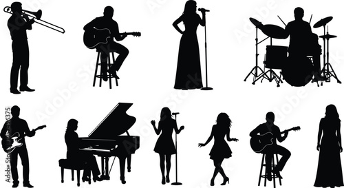 Musician silhouettes collection, band performers playing instruments singing dancing, guitarist drummer pianist trombone player stage performance isolated vector set