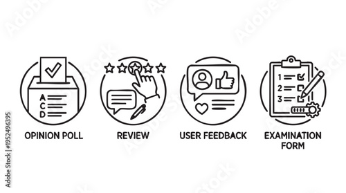 Black line icons of opinion poll review user feedback and examination form on white background in minimalistic style with simple shapes for business and education