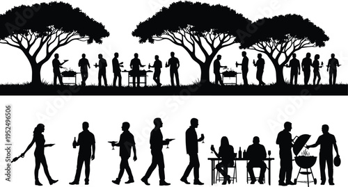 Outdoor barbecue party silhouette with people grilling eating and drinking under trees, social gathering picnic lifestyle black vector illustration