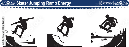 Skater Jumping on Ramp, Concept of Urban Energy, Extreme Sport and Youth Freedom Set